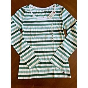 Tommy Hilfiger NWT‎ WOMENS FULL SLEEVE LARGE T-Shirt TWO TONE GREEN STRIPED CREW